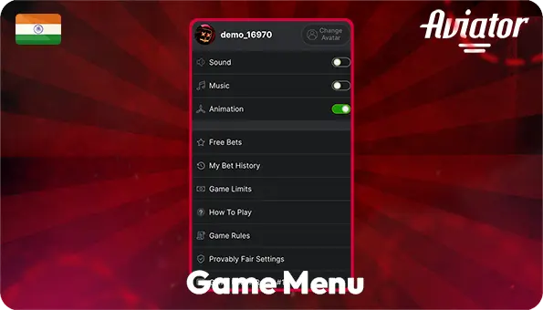 Game Menu with Various Settings of the Aviator Game